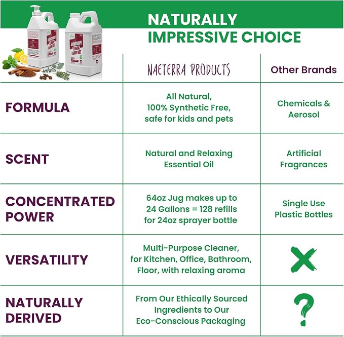 Naeterra Aromatherapy Cleaning Concentrate 64 oz – Makes 24 Gallons Multi-Surface Cleaner + Microfiber Towel & 10ML Essential Oil Blend with Clove, Cinnamon, Rosemary, Eucalyptus, Lemon & Peppermint
