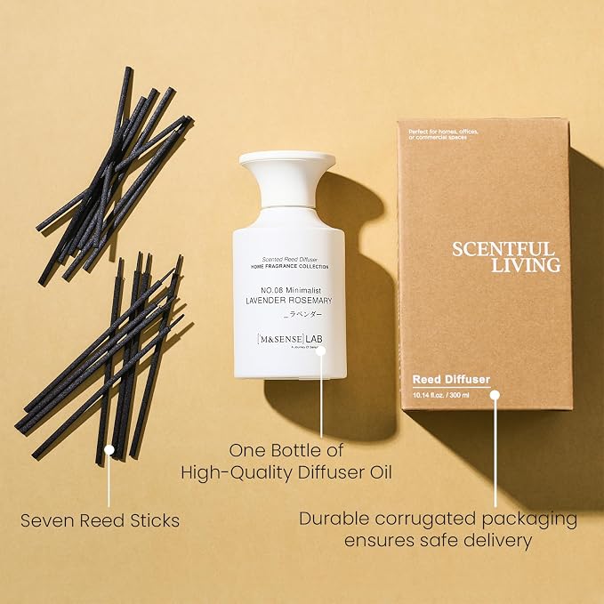 M&SENSE Minimalist Large Reed Diffuser 300ml, Lavender Rosemary Scented with Natural Essential Oils, Long Lasting with 7 Sticks, Non-Toxic Home Fragrance for Bedroom, Bathroom Decor
