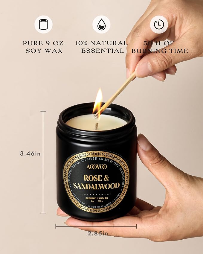 AOOVOO Scented Candles for Men - 4 Pack Candles for Home Scented, 36oz Soy Wax, 200 Hour Burn Time, Men Candle Set, Rose Sandalwood/Whiskey Caramel/Lavender/Leather Candle Set T
