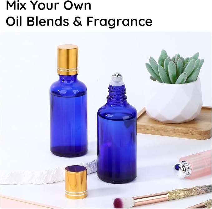 Segbeauty 1.7oz Thick Glass Refillable Roller Ball Applicator for Oil, 5pcs Blue Perfume Roller Bottles for Essential Oils, 50ml Empty Roll On Bottle for Eye Essence, Glass Perfume Rollerball Bottles