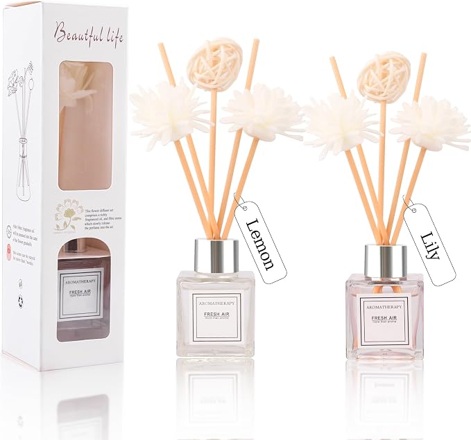 Reed Diffuser Set of 2, Lemon & Lily Scent Oil Diffuser with Sticks for Home Fragrance, Office Living Bedroom Decor, Bathroom Decor and Accessories, Air Fresheners Gift Set, 1.7 fl oz/50ml x 2