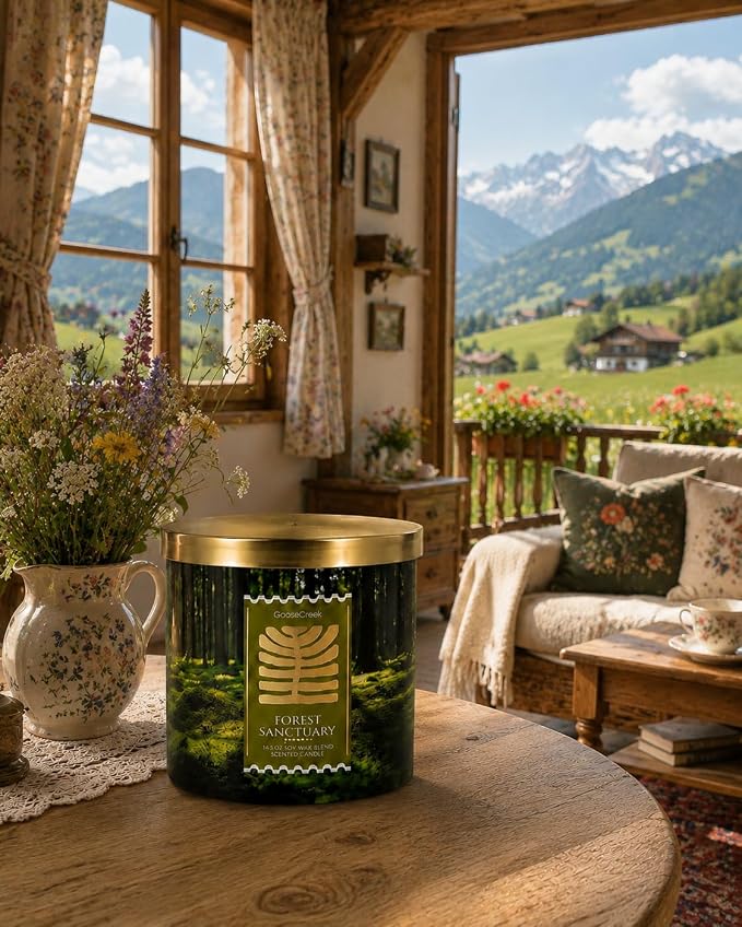Forest Sanctuary Scented Candle, Soy Wax Blend, 14.5 oz, 3wick Pine Needles, Forest Lily, Fresh Lavender, Worn Cedarwood