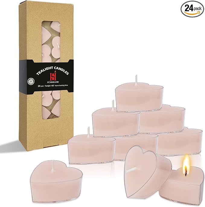 Gardenia Scented Heart Tealight Candles, Pink Scent Tea Lights Candles Clear Cup, 24 Pack Colored Tealights Candle, 4 Hour Burn Time Tea Candles for Weddings Romantic Valentine's Day Decor