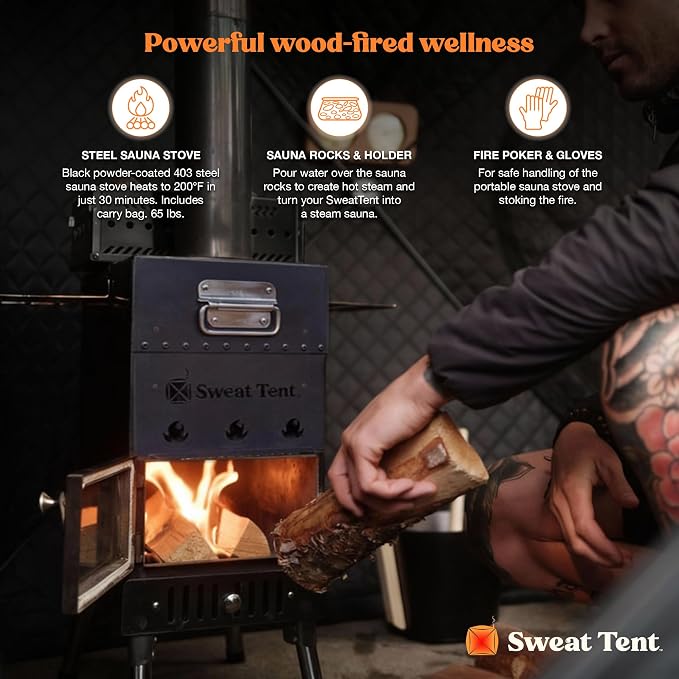 SweatTent High-Output Wood Burning Sauna Stove Kit – Includes Rock Basket, Heat-Resistant Gloves & Fire Poker – Portable Stainless Steel Heater for Outdoor Tents – Fast Heating & Professional-Grade