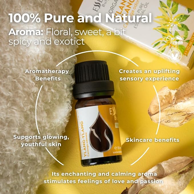 Essences Bulgaria Organic Ylang-Ylang Essential Oil 0.34 Fl Oz 10ml Cananga odorata - 100% Pure Natural Undiluted Therapeutic Grade for Aromatherapy Diffuser Candle and Soap Making Skincare Body Oil