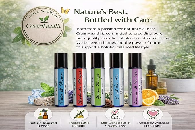 GreenHealth Essential Oil Roll On Set 5 Pack (10ml Each) Aromatherapy Roller Ball Variety Kit Pain & Strain Headache Magic Germ Ninja C’est La Vie Lavender Tea Tree Ready to Use Travel Size Gift Set