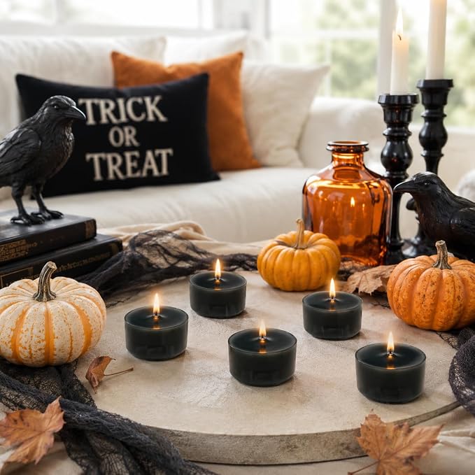 Black Tea Lights Set of 24, Sandalwood Scented Tealight Candles, Handmade Tea Candles, Long Burning Tealights for Wedding Halloween Home Decor Gift