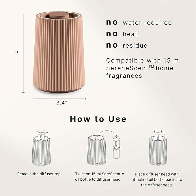Homedics Waterless Essential Oil Diffuser with 15ml Vanilla Cedarwood Fragrance Oil. SereneScent Cordless Cold Air Scent Diffuser Starter Kit with Ambient Light, Studio 671 (Terracotta)