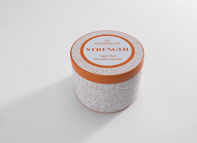 Luxury Candle Tin, 4 OZ, Strength - Tiger Eye Crystal Infused - Scents of Cedarwood, Amber, & Sage - Power, Courage, & Expansion - Coconut Wax Blend, Essential Oils, Dr. Developed