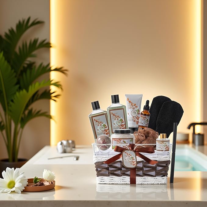 Coconut Almond Spa Gift Basket for Women & Men, Skin Care Set, Bath & Body | Self Care Pamper Kit, Home Spa Kit, Diffuser, Bath Bomb, Birthday, Christmas, Valentines, Mother Day, Father Day, Anniversary