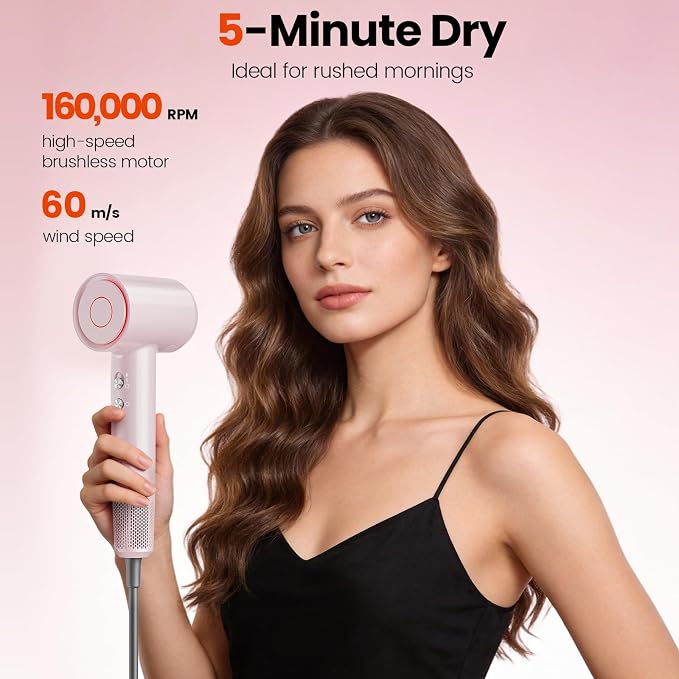 Hair Dryer, 160,000 RPM High-Speed Ionic Blow Dryer with Brushless Motor for Fast Drying, 500 Million Ions Frizz Control, Low Noise Hairdryer with Magnetic Diffuser & Nozzle for Curly Hair Home Travel