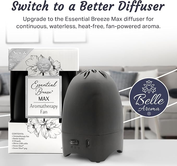 Belle Aroma Essential Breeze Max Aromatherapy Fan – Upgraded Dry Diffuser for Essential Oils or EVA Inserts – Battery or USB Powered – 30-Day Scent – No Water – for Desk, Travel, or Car - Slate