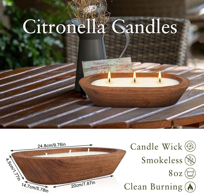 Citronella Scented 3-Wick Candle (8oz) Oval Wood Bowl Candle, Clean Burning & Smokeless, Decorative Soy Blend Candle for Home, Patio, Garden, Summer Gift.
