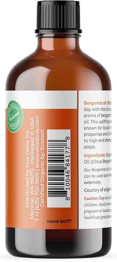 Viva Doria Bergamot Essential Oil, USDA, Certified Organic Bergamot Oil, 100% Pure, Natural Essential Oil, Undiluted, for Aromatherapy | Food Grade, 118 mL (4 Fluid Ounce)
