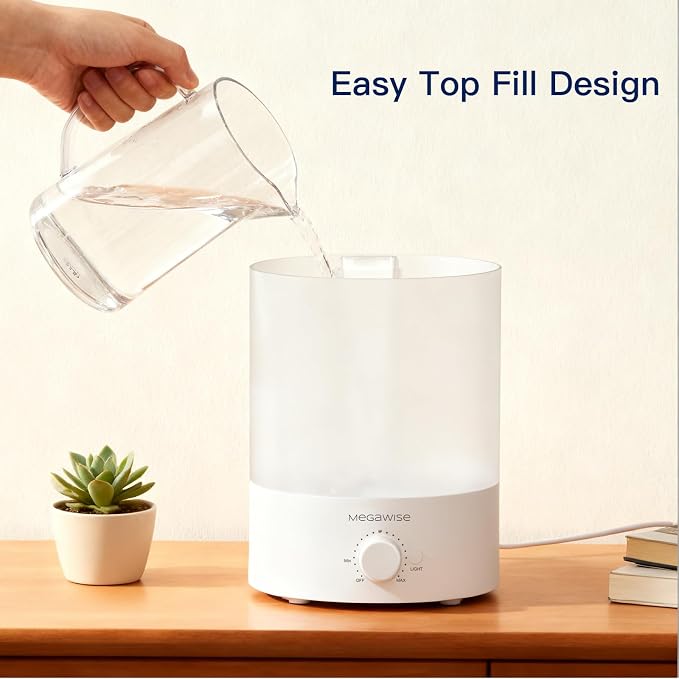 MegaWise Healthy Top-Refill Cool Mist Humidifiers for Bedroom, 24dB Ultrasonic Air Vaporizer with Water Filter for Baby [PP Material], Colorful Night Light,1 Gal Essential Oil Diffuser, Auto Shut Off