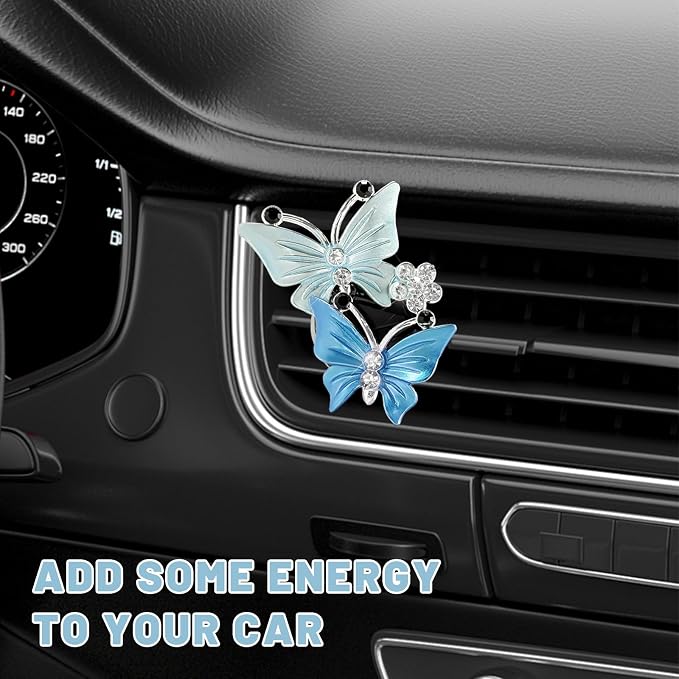 2 PCS Dual Butterfly Diamond Car Air Fresheners, Bling Butterflies Air Conditioning Outlet Clip Fragrance Diffuser, Cute Rhinestone Butterfly Vent Clips for Most Vehicles (Blue)