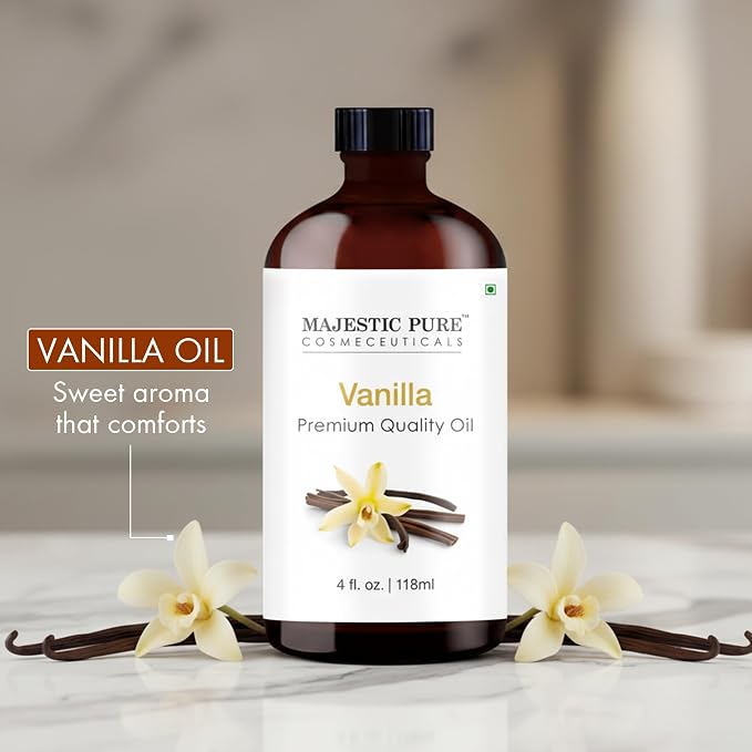 Majestic Pure Vanilla Essential Oil with Glass Dropper - 4 Fl Oz - 100% Pure and Natural Vanilla Oil - Premium Grade Essential Oils for Diffuser, Aromatherapy, Soap and Candle Making