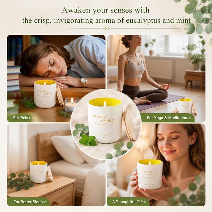 Lanttu Eucalyptus & Mint Scented Candle, 10 oz Natural Soy Wax | 40 Hours Long Lasting Burning, For Home Decor, Jar Candles, Gift for Women Mom Friend Birthday Housewarming