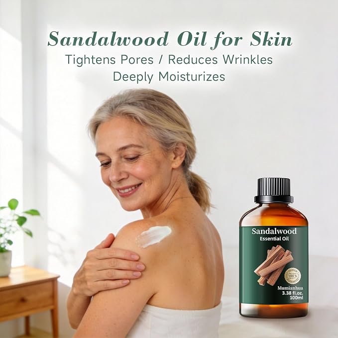 Sandalwood Essential Oil, Pure Mumianhua Natural Woody Aroma for Bedtime Serenity & Evening Wind‑Down, Meditation, Diffuser, Pillow Mist, Skin, Candle Making – 3.38 Fl Oz