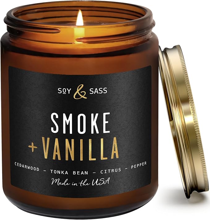 Smoke and Vanilla Candle I Scented Black Candles for Men or Women - Fire Wood, Vanilla & Smoke Soy Wax Mens Candle - Infused w/Essential Oils | Long-Lasting 50Hr Burn, 9oz I Non Toxic I Made in USA