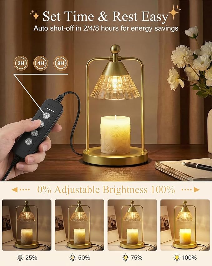 Candle Warmer Lamp with Timer Dimmer, Electric Wax Melt Warmer Lamp for Jar Candles Lights, Candle Lamp Warmer with 2 Bulbs, Birthday Gifts for Women, House Warming Gifts New Home Decor, Gold