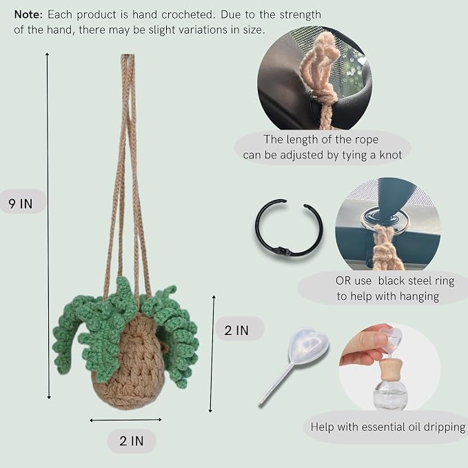 ROFIGL Handmade Crochet Hanging Car Air Freshener - Botanical Fern Leaf Design with 12ml Refillable Glass Essential Oil Bottle, Long-Lasting Car Diffuser & Nature-Inspired Decor