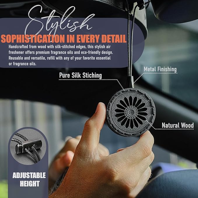 Handmade Wood Car Air Freshener — Best Wheels Designed Refillable Essential Oil Diffuser — Long Lasting diAquatoria Fragrance Oil 10 ml — Car Accessories Gift Box