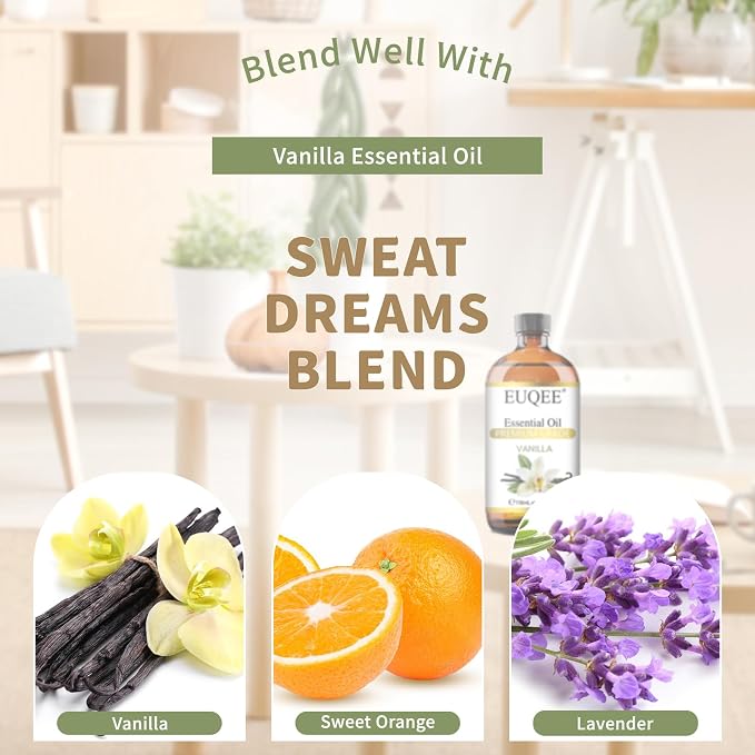EUQEE Vanilla Essential Oil 118 ml Premium Vanilla Oil with Glass Dropper, Great for Diffusers, Aromatherapy, Candle Making, DIY Soap - 4Fl.Oz