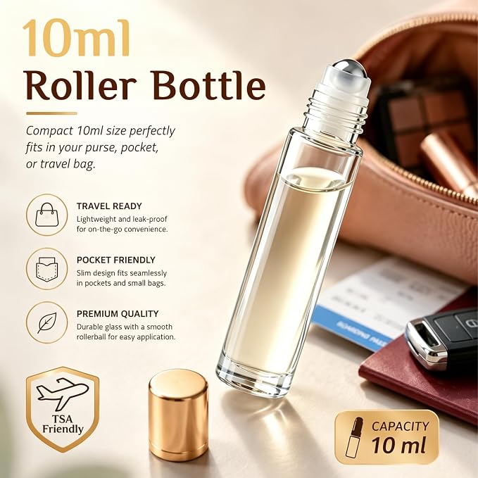 PrettyCare 12 Pack, 10 ml Essential Oil Roller Bottles with Stainless Steel Roller Ball - Refillable Leak-proof Empty Thick Clear Glass Roll on Bottles with Metal Caps for Travel, Perfume