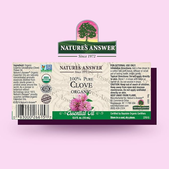 Nature’s Answer USDA Organic Clove Essential Oil, 100% Pure | Natural Aromatherapy Oil for Diffuser/Humidifier, Steam Distilled 0.5 fl oz. (15ml) | Made in USA