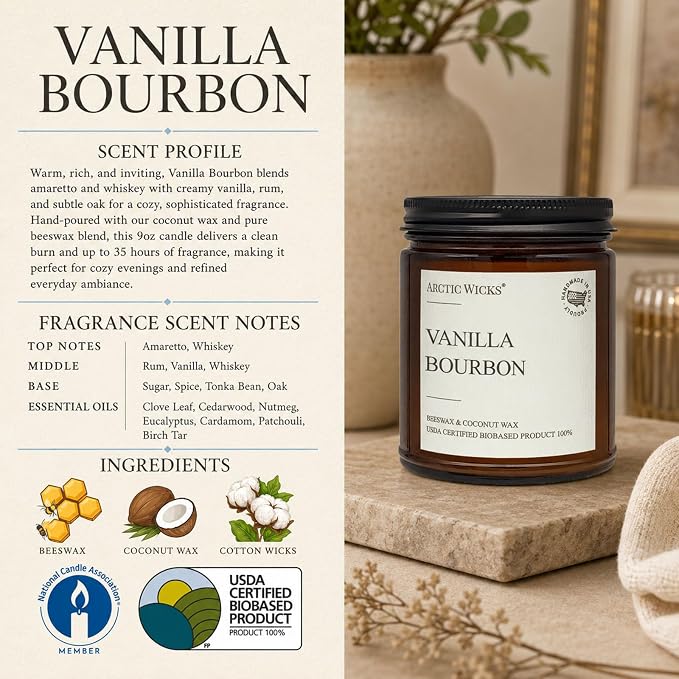 Vanilla Bourbon Candle | Arctic Wicks 9oz Coconut & Beeswax Candles | Scented Non-Toxic Candles for Fall, Winter, Holidays, Gifts for Him, Whiskey Bourbon, Vanilla Candle | USDA Certified Biobased
