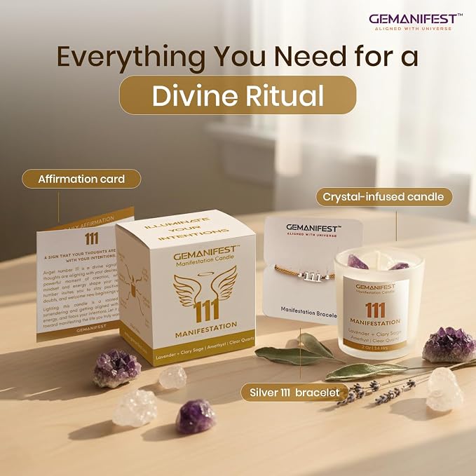 Angel Number 111 Manifestation Candle Crystal Infused Soy Wax with Amethyst & Clear Quartz Lavender & Clary Sage Scented Spiritual Gift for Meditation Affirmation and Energy Alignment