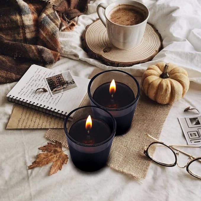 Set of 20 Black Votive Candles for Halloween Pumpkin, Clear Glass Filled Unscented Soy Wax Candle for Dinner Parties, Home Decorations and DIY