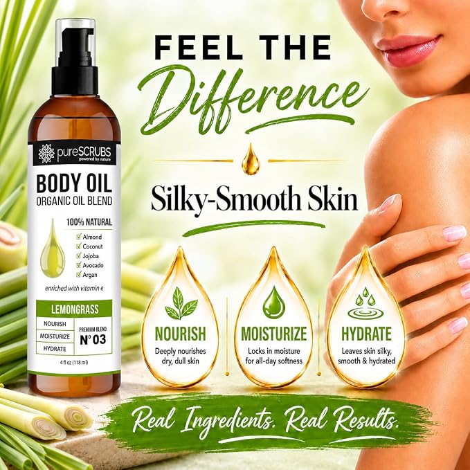 pureSCRUBS Ultra Moisturizing Lemongrass Body Oil for Dry Skin, Lightweight Full Body Moisturizer for Soft, Silky Skin, Massage & Cuticle Oil, Vitamin E Enriched, 4 oz