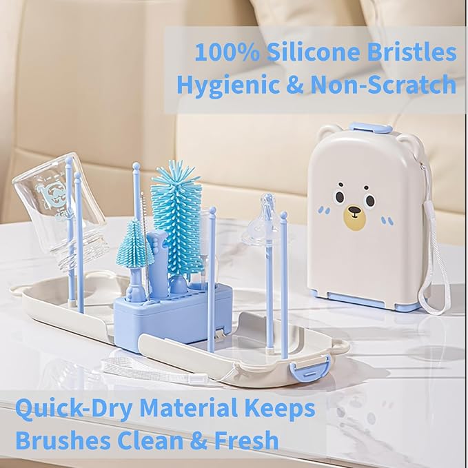 Travel Bottle Cleaner kit, 7in1 Baby Travel Gear Silicone Travel Bottle Brush Set Nipple Drying Rack, Straw Breast Pump Cleaning Soap Dispenser Organizer Case Mon Gift (Blue)