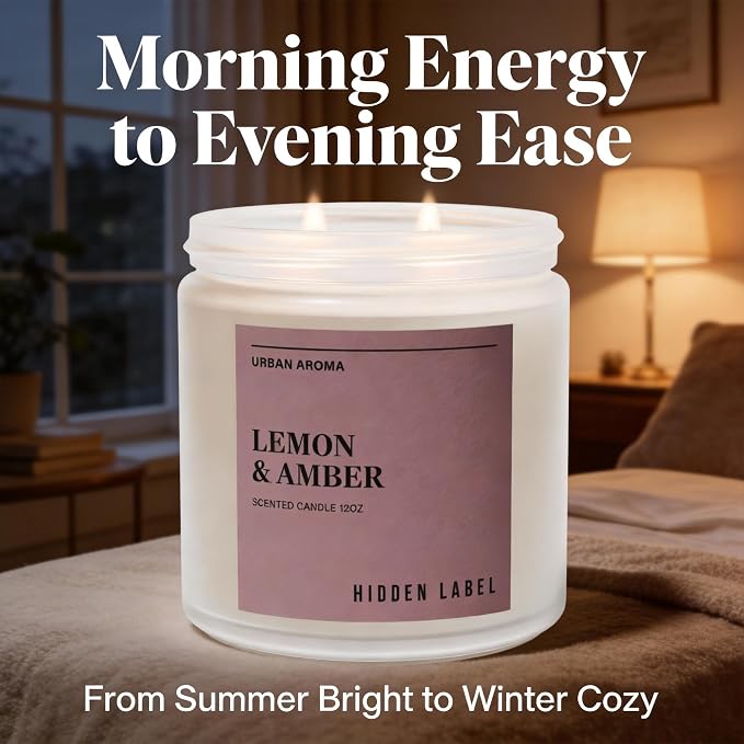Hidden Label Lemon Amber Soy Candle, 12oz 2-Wick, 70H Bright Warmth | Non-Toxic Natural Wax, Paraben & Phthalate-Free, Clean Burn | Elegant Decor & Gift-Ready | Uplift & Relaxation