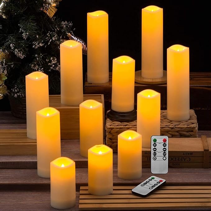 Flameless Candles with Remote & 2/4/6/8H Timers, Outdoor Indoor Waterproof Remote Candles Battery Operated, Electric Led Candles 12pcs for Home/Wedding Decor (D 2.2'' x H 4'' 5'' 6'' 7'')