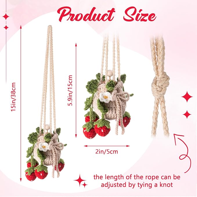 DaisyInner Cute Crochet Plant Car Freshener 12ml Empty Refillable Diffuser Bottle with Plants Hanging Accessories for Ornaments Charms Rearview Mirror Home Office Decor Women Gifts(Strawberry)