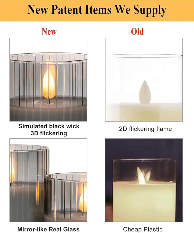 ANGELLOONG Gray Flameless Candles with Remote, Battery Operated LED Pillar Candle Set with Timer, Ribbed Glass Real Wax Flickering Candles for Home Decor, Set of 3