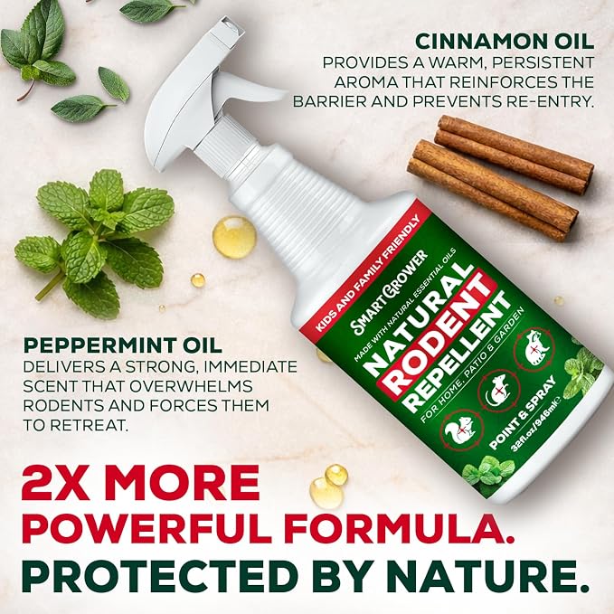 Smart Grower Peppermint Oil Spray for Rodents – Maximum Strength Ready to Use Peppermint Spray for Rodent, Mice, Squirrels – Indoor, Outdoor & Car Engine Protection – 32 oz