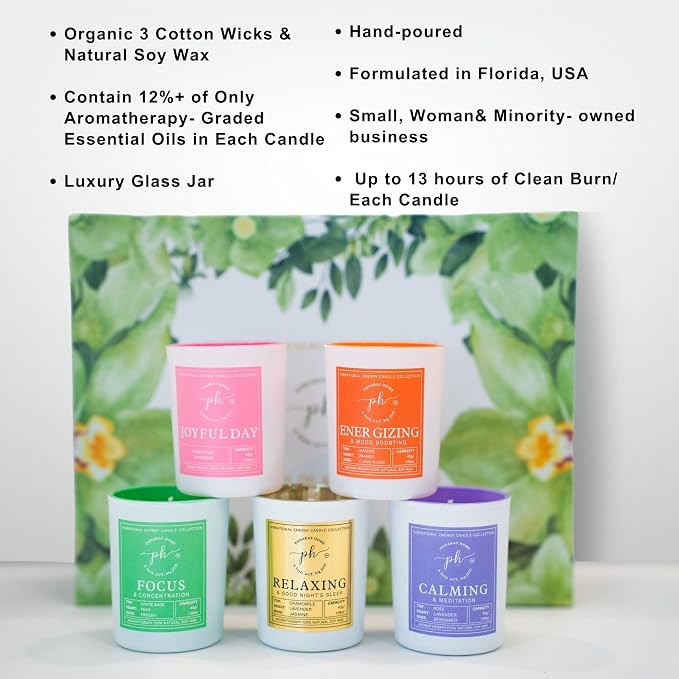 12% Essensential Oil Natural Soy Wax Samplers, A Gift Set of 5 Candles for Vibrational Enery and Positive Mindset, 1 Wick, 5 of 45 g/ 1.59 oz Candle, 13 Hours of Burning time x 5