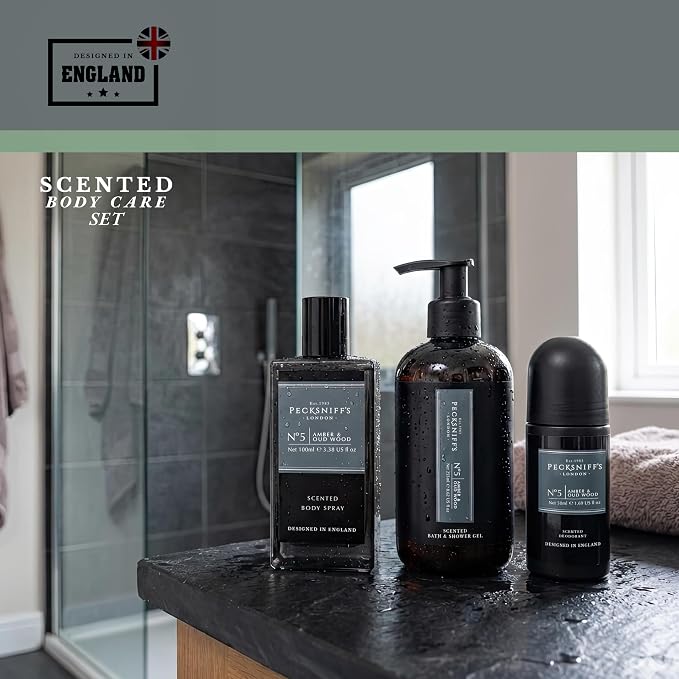 Pecksniff’s Men’s Essentials Body Trio Gift Set – Amber & Oud Wood – Bath & Shower Gel 250ml, Body Spray 100ml, Deodorant 50ml