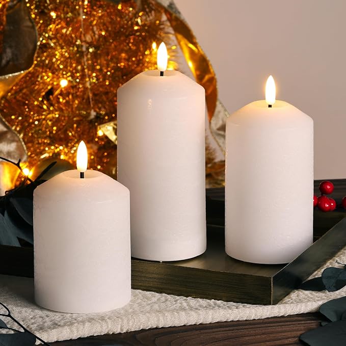 White Flameless Pillar Candles with Remote, Real Wax LED Candles Battery Powered Flickering Set of 3