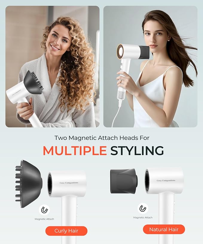 Cosy Companions Hair Dryer, 150000 RPM High-Speed Blow Dryer with 500Million Negative Ions for Fast Drying, Lightweight & Thermo-Control, Hair Dryer with Diffuser, Ideal for Salon & Travel, White