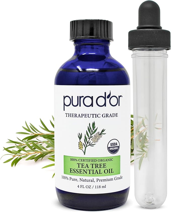 PURA D'OR ORGANIC Tea Tree Melaleuca Essential Oil (4 Oz with Glass Dropper) 100% Pure & Natural Therapeutic Grade For Hair, Body, Skin, Scalp, Aromatherapy Diffuser, Cleansing, Purify, Home, DIY Soap