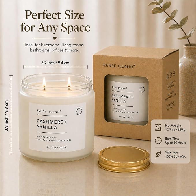 Cashmere Vanilla Large 12.7 OZ Scented Candle for Home Scented 80 Hrs Highly Scented Creamy Velvet Vanilla Cashmere | 100% Natural Soy Candle Gifts for Women Vanilla Candles for Cozy Home