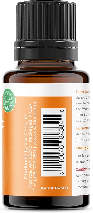 Viva Doria Turmeric Essential Oil, 100% Pure, Natural Turmeric Essential Oil, Undiluted, for Aromatherapy | Food Grade, 15 mL (0.5 Fluid Ounce)