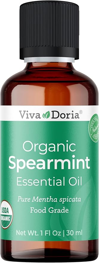 Viva Doria Spearmint Essential Oil, USDA Certified, Organic Spearmint Oil, 100% Pure, Natural Essential Oil, Undiluted, for Aromatherapy | Food Grade, 30 mL (1 Fluid Ounce)