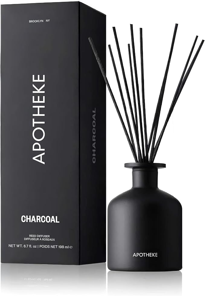 Apotheke Luxury Scented Reed Diffuser for Home, Charcoal - 6.7 Fl Oz Essential Oil Aromatherapy - 10 Rattan Scent Sticks Room Diffuser - Long-Lasting Fragrance for Bedroom, Home, Bathroom