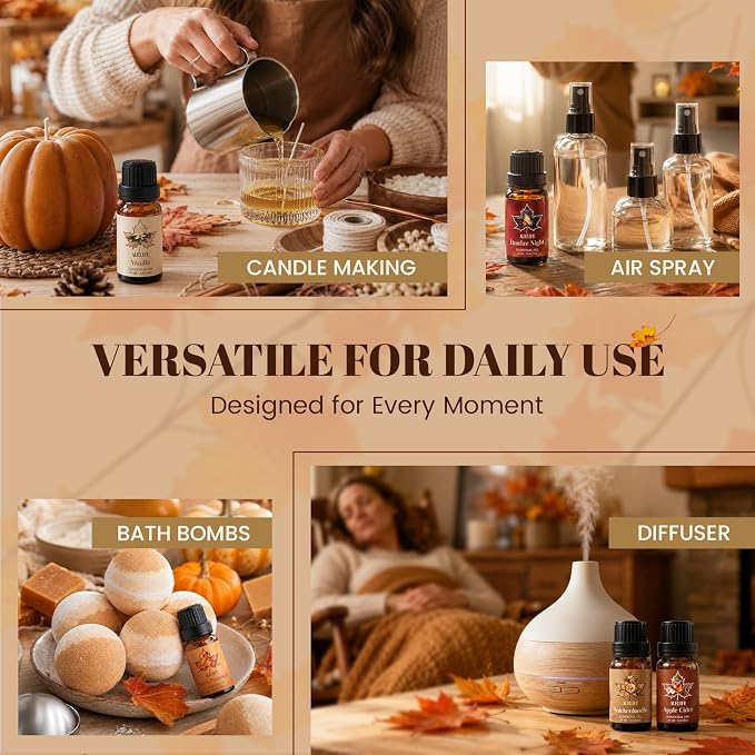 Auelife Fall Essential Oils Set for Diffusers for Home, 6 x 10ml Fall Scents with Pumpkin Spice, Vanilla, Apple Cider & Maple Butter for Candle Making, Soap Making,Holiday Gift Set